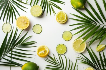 White background with palm leaves, lemon and lime slices. Modern product display for advertising and presentation of refreshing summer drinks, natural cosmetics - generative ai