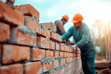 Two bricklayers in safety gear efficiently laying bricks to build a new wall at a construction site on a sunny day.