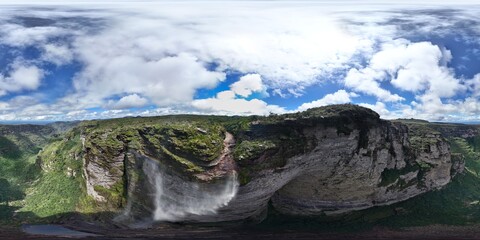 360 aerial photo taken with drone of Fumaça waterfall in Chapada Diamantina, Brazil
