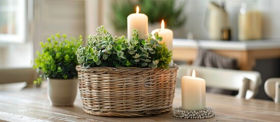 Cozy home decor with a wicker basket containing plants and candles on a kitchen table, emphasizing intricate details. Close-up shot.