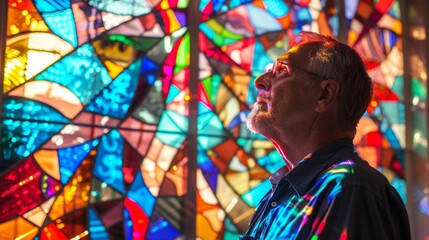 A man standing in front of a large stained glass window he created admiring the vibrant colors and intricate patterns that he carefully pieced together.