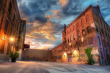 Explore the gritty industrial charm of a warehouse district at dusk, where towering brick buildings and rusty old structures create a labyrinth,Generative AI