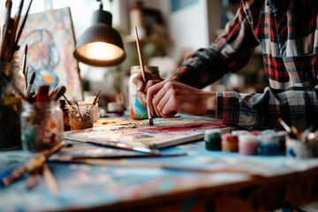 Artist deeply focused on painting at a cluttered worktable filled with colorful art supplies under warm light.