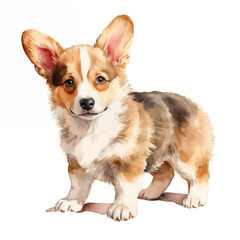 Watercolor Corgi isolated on a white background. Pet portrait with copy space.