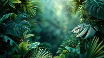 Vibrant lime green and forest green tropical leaves in 3D render framing a background with space for copy in the center perfect for fresh product showcases.