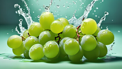 Green grapes in splash with, fresh and juicy fruit studio