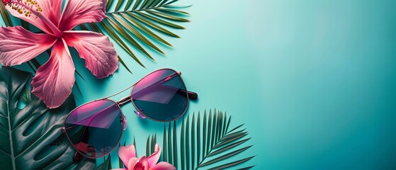 Vibrant tropical background with sunglasses and a flower on a pastel turquoise tailored for a lively vacationthemed banner.