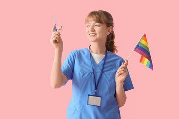 Female doctor with LGBT flag, syringe and ampule on pink background