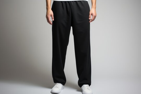 a man wearing black sweatpants for mockup. plain gray background