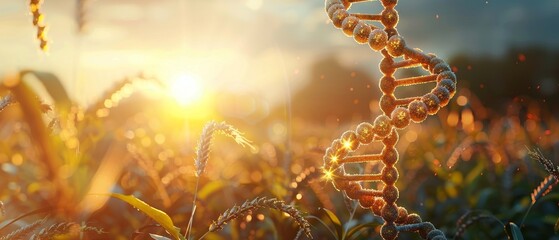 A DNA double helix stands illuminated by sunlight in a field of crops a metaphor for the bright future of agrobiotechnology.