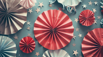 festive paper fans and stars decoration background in red white blue