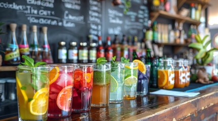 A colorful chalkboard sign listing the different types of energyboosting drinks offered at the event from matcha green tea to ginger shots.