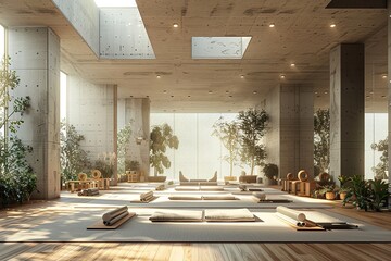 An interior design of a yoga room with toga mat and beautiful garden view with morning sunlight with a big space for text or product advertisement background, Generative AI. - obrazy, fototapety, plakaty