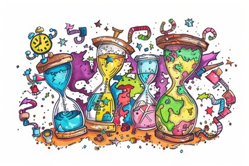 Cartoon cute doodles of a world where time is currency, and people trade in colorful hourglasses filled with sparkling sand, racing against the clock, Generative AI
