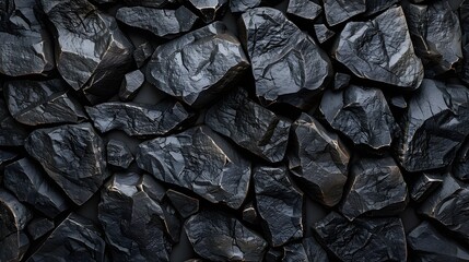 Black stone texture background, 3d rendering illustration of black stones wall pattern, top view. Background design for dark wallpaper, cover or banner with rough rocks surface. 