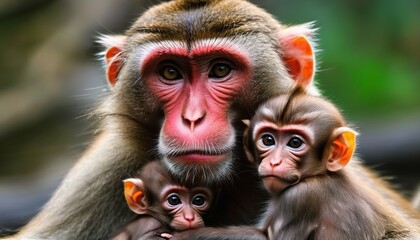 Obraz premium Love in the Eyes: Mother Japanese Macaque Gazes Adoringly at Her Baby
