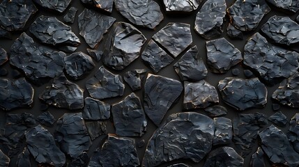 Black stone texture background, 3d rendering illustration of black stones wall pattern, top view. Background design for dark wallpaper, cover or banner with rough rocks surface. 