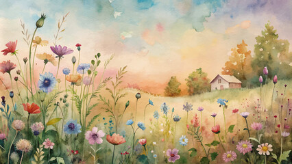 Watercolor background of wildflowers blooming in the garden