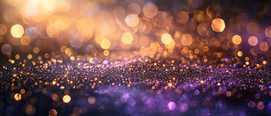 Abstract background of shiny gold with lavender bokeh lights and glitter on black featuring shimmering golden particles and light effects.