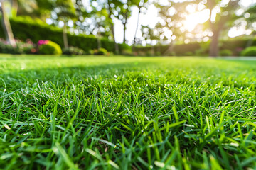 during sunset. Beautiful natural landscape green grass in the summer time.