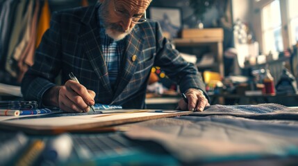 Close up of Fashion designer working on table in his studio.