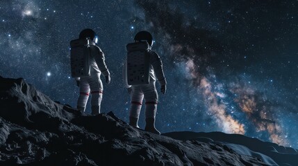 Two astronauts in space Suits standing on the moon looking at the the milky way galaxy. Moon...