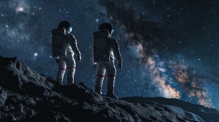 Two astronauts in space Suits standing on the moon looking at the the milky way galaxy. Moon explorer and space travel concept.