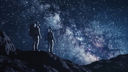 Two astronauts in space Suits standing on the moon looking at the the milky way galaxy. Moon explorer and space travel concept.