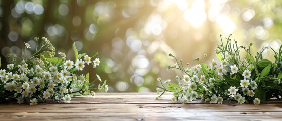 Cozy wooden table display with white floral arrangements and green leaves set against a soft bokeh backdrop with designated space for marketing content or product display.