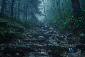 Spring background Stream of water in the forest low angel view.