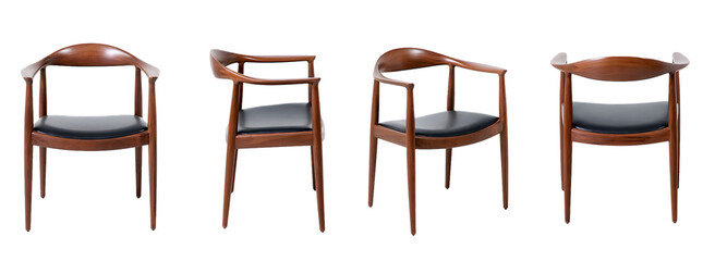 Wood Midcentury Modern Armchair with Transparent Background Multiple Angles Black Cushion