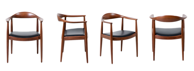 Wood Midcentury Modern Armchair with Transparent Background Multiple Angles Black Cushion