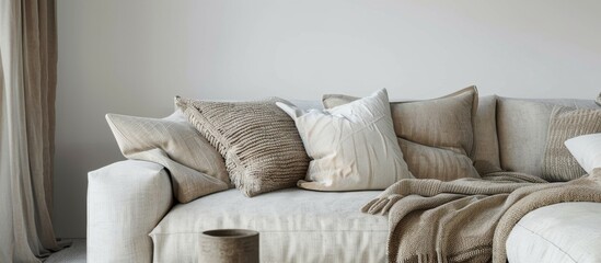 A comfortable couch featuring decorative pillows, a soft blanket, and inviting textures creating a cozy atmosphere