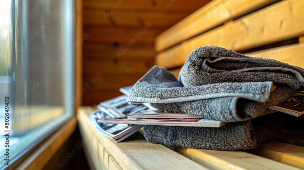 Aufkleber a stack of magazines next to a person reclined and bundled up in towels relaxing in the sauna..