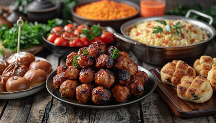 Festive traditional Middle Eastern Muslim Halal foods in plates. 