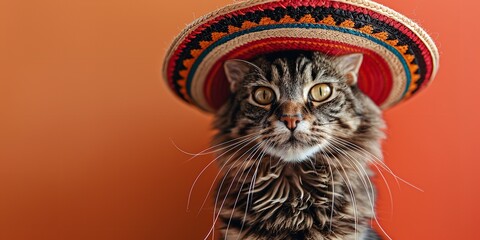 A close shot of a cat wearing sombreros against a clean orange backdrop with a big space for text or product advertisement background, Generative AI.