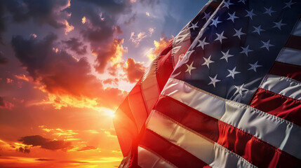 American flag silhouette against sunset sky - Powered by Adobe