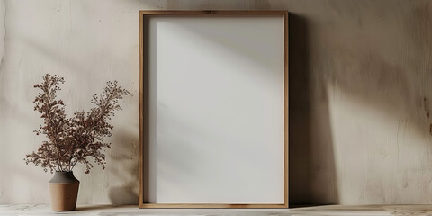 empty white blank frame mockup poster on  white wall background with plant with window shadow.