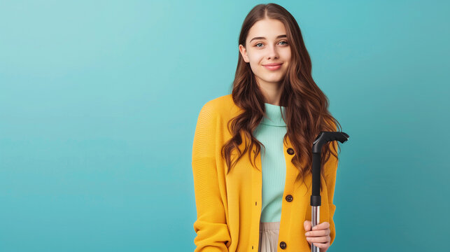 young woman disability advocate holding walking stick, isolated on plain blue color studio background with copy space	
