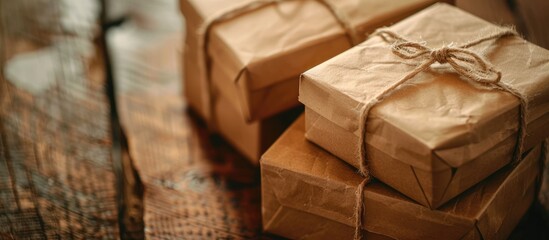 Boxes arranged neatly in a brown paper package tied with linen cord on a wooden table, highlighted with a soft shine effect.