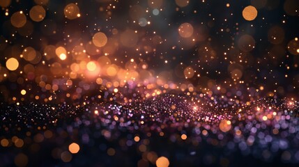Modern shiny gold abstract background with magenta bokeh lights and glitter on a black texture complete with sparkling golden particles.