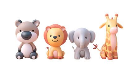 Naklejka premium 透過データ、3D風のマスコット、熊、ライオン、象、キリン 