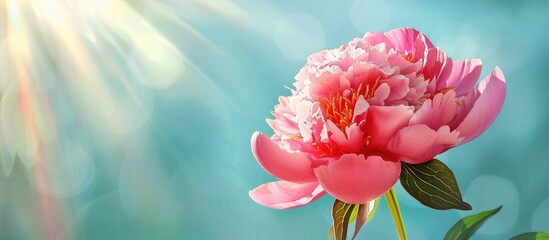 Top-down perspective of a vibrant pink peony flower against a backdrop of sunny rays, with space for text duplication.