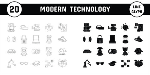 Modern Technology Line Glyph Vector Illustration Icon Sticker Set Design Materials
