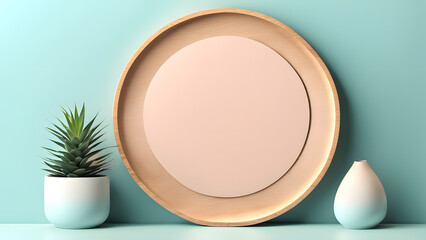 Fototapeta premium A round wooden frame with a white background sits on a table next to two vases