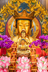 the Guan yin  statue in the temple with dramatic tone