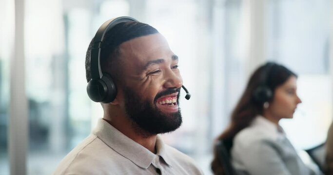 Call center, customer care and businessman laugh in office consulting for crm, faq or b2b, networking and loan help. Inbound marketing, telemarketing or friendly consultant with funny client comic