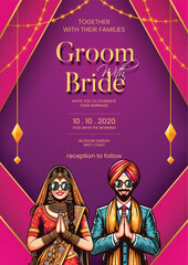 Traditional royal Punjabi wedding invitation card design with bride and groom save the date invite