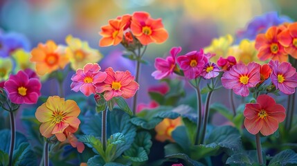 A close shot of colorful Primula veris primroses blossoming among nature with a blurry backdrop and a big space for text or product advertisement, Generative AI. - obrazy, fototapety, plakaty