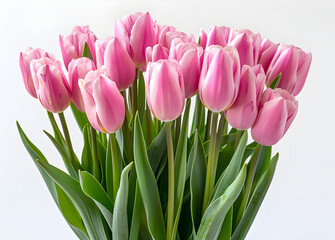Fototapeta premium A pink tulips bouquet isolated on a white background, suitable for gifting or as a decorative spring arrangement.